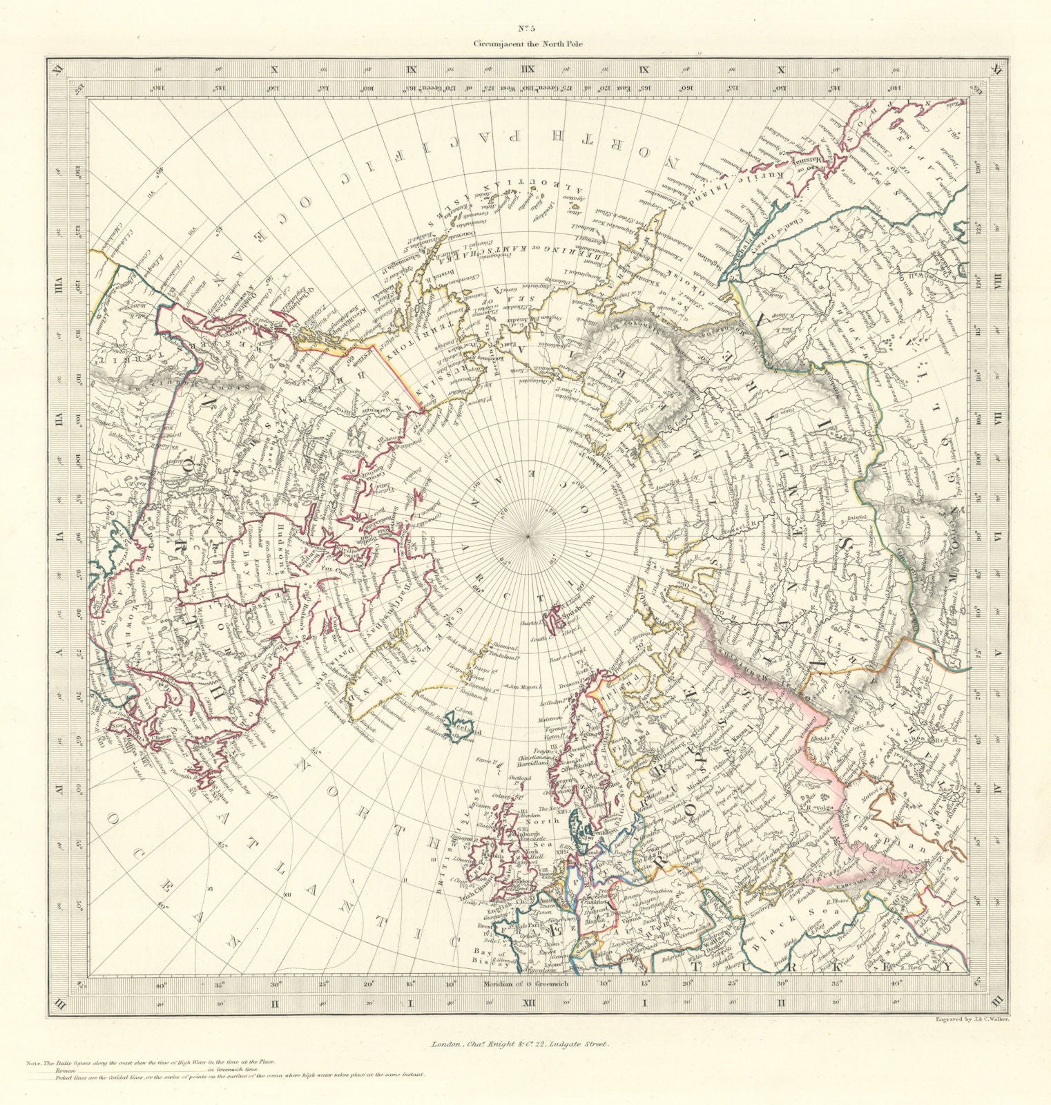 NORTH POLE ARCTIC. to 45˚ N Latitude. Alaska as Russian Territory. SDUK 1846 map